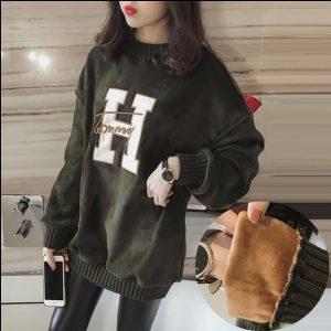Autumn winter Korea 3XL Womens Loose Letter Print Medium-long Plus Velvet Thicken Fleece Sweatshirt Long-sleeve Hoodies Dress