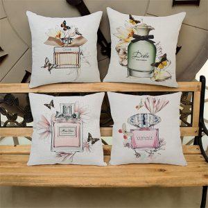 Cotton Linen Square 18" Brand Perfume Bottle and Butterfly Printed Sofa Decorative Cushion Covers Room Chair Pillow Case