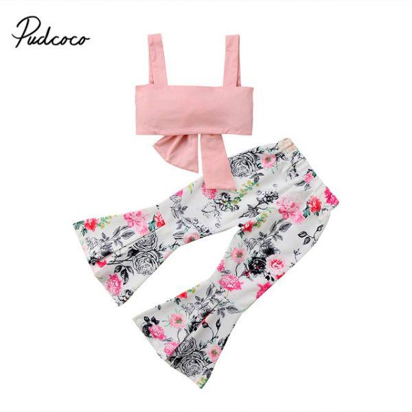 Fashion New Toddler Kids Girls Summer Clothes Pink Bow Crop Tops+Floral Bell-bottom Flared Pant 2PCS Outfits Clothing Set 1-6Y