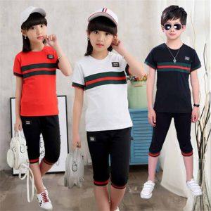Girls Summer Suit New Children Short Sleeve T-shirt + pants summer Boys Kids Sport Sets Spell Color 4-12 Age