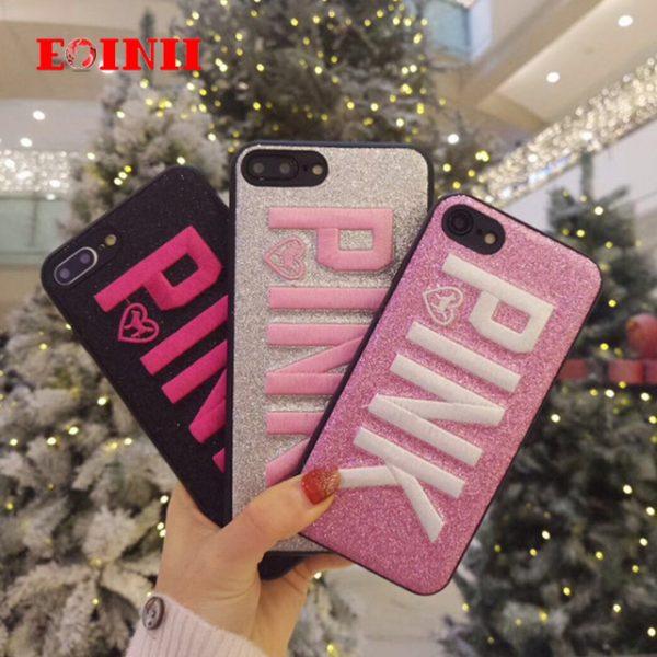 New Embroidery PINK powder flash phone case for iphone 7 8 6s 6plus luxury fashion mobile phone Back Cover for iphone X 10 Coque