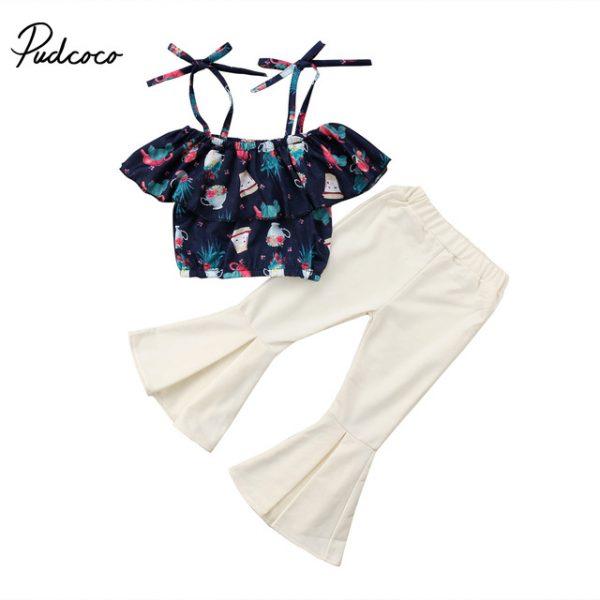 New Stylish Kids Girls baby summer clothe suit Floral print strap T-shirt Top long white Flare Pants Pudcoco Outfits Set 2018