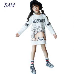 New sutumn and spring big girls long sweater dress children casual cartoon bear straight dresses child letter print clothes