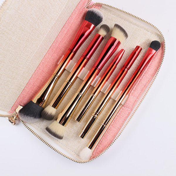 Portable 6pcs Double Brush Heads Makeup Brushes Professional Cosmetic Brush Kit with Bag Gold and Red
