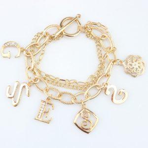 Punk Rock Letter Pendant Bracelet Gold Color Multi Chain Crystal Rhinestone Bracelets for Women Ladies Fashion Jewelry