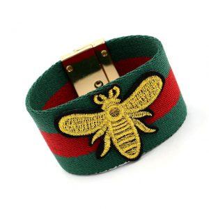 2018 New Women Cotton Cloth Fashion Embroidery Golden Bee Bracelet For Women Green Red Stripe Cloth Ribbon Bracelet JB0469