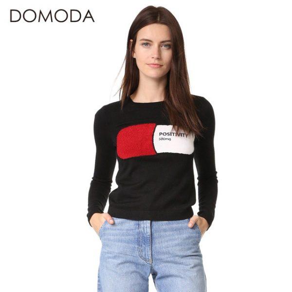 DOMODA Women Fashion Sweater Embroidery Solid Black Crew Neck Long Sleeve Pullovers Elegant Preppy Style Knitted Sweater