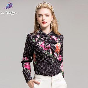 Fashion Flower Printed Shirt High Quality 2017 Autumn Women's Long Sleeve Bow collar Casual Blouse Runway Designer Office Tops