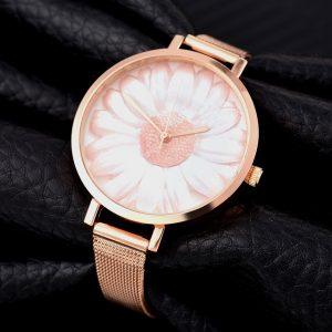 Luxury Rose Gold Quartz Daisy Watches Women Simple Stainless Steel Mesh Belt Clock Ladies Dress Watch Gift Wristwatch