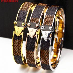 Luxury brand stainless steel grid grain letter love bracelet cuff bangle for women fashion Wide Leather Buckle H bracelet gift