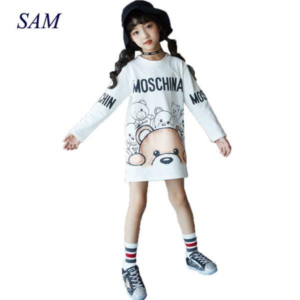 New sutumn and spring big girls long sweater dress children casual cartoon bear straight dresses child letter print clothes