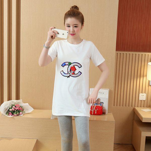 Pregnant women wear summer 2017 embroidery sequins loose cotton shirt in the long section of short-sleeved T-shirt pregnancy