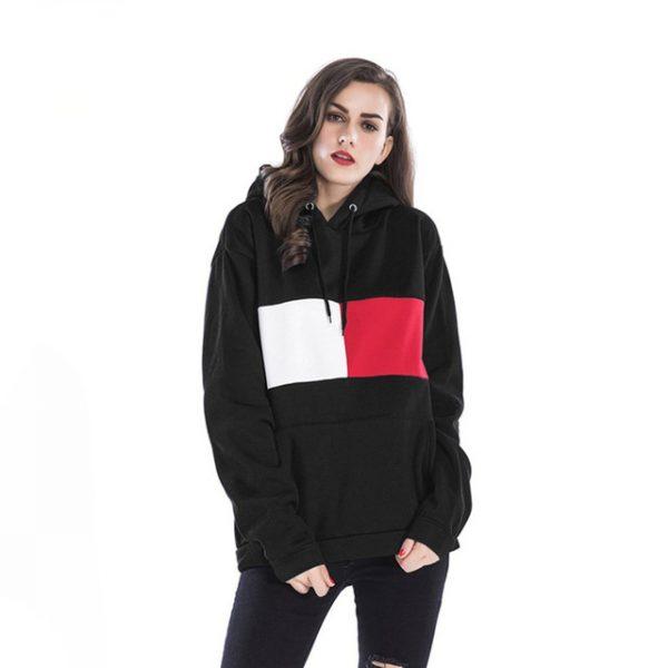 Women Loose Hooded Pullover Thick Fleece Warm Sweatshirt Long Sleeve Patchwork Stiching Color Fashion Hoodies Winter Casual Tops