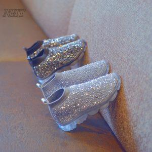 amazing luxury rhinestones boots for girls slip-on kids footwear elastic silhouette air sole comfortable children shoes
