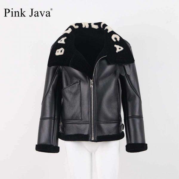 pink java QC8092 2018 free shipping women jacket real sheep fur lining and high quality PU leanther jacket