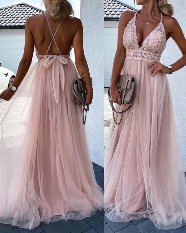 Crisscross Backless Crochet Lace Mesh Prom Dress