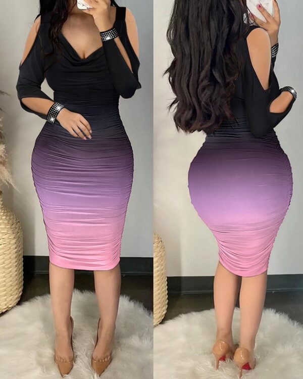 Ombre Cold Shoulder Ruched Bodycon Dress