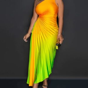 Ombre One Shoulder Pleated Party Dress