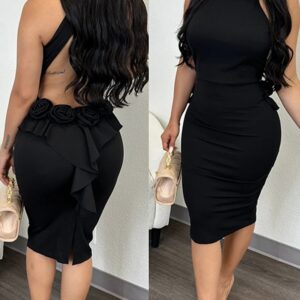 Floral Pattern Backless Ruffle Hem Party Dress