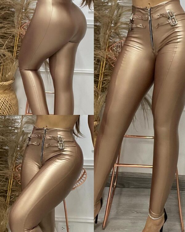 Eyelet Zipper Design Metallic Skinny Pants