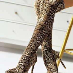 Snakeskin Print Thin Heeled Thigh High Boots