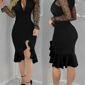 NEWRhinestone Sheer Mesh Ruffles Party Dress