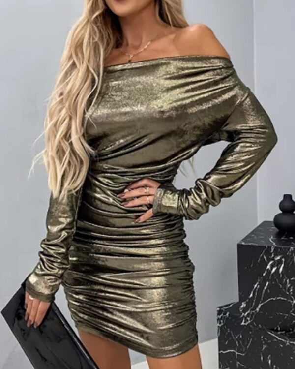 NEWOff Shoulder Ruched Metallic Party Dress