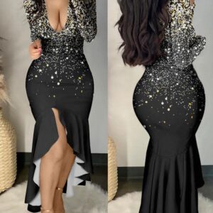 NEWPrint Long Sleeve Deep V-Neck Mermaid Dress