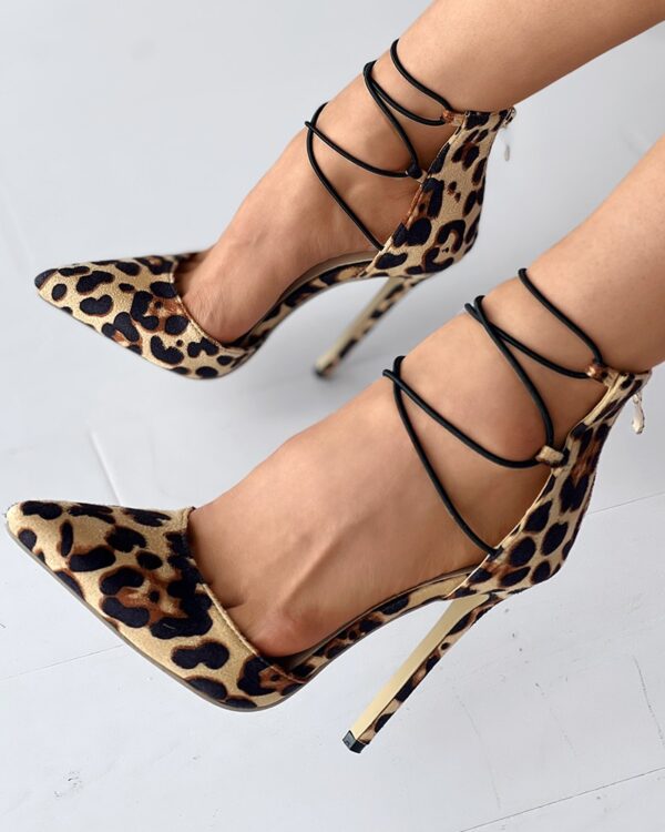 Cheetah Print Lace-up Stiletto Heel Pumps
