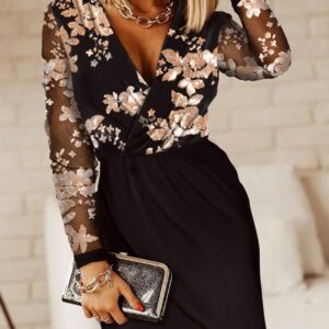 NEWContrast Sequin Sheer Mesh Long Sleeve Party Dress