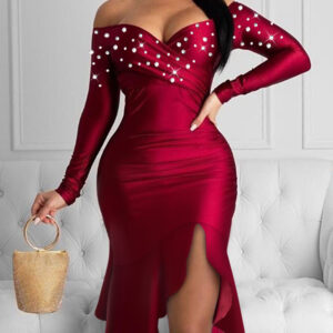 NEWRhinestone Off Shoulder Ruffles Slit Evening Dress