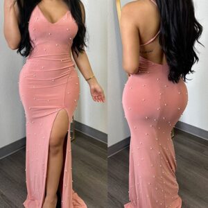 NEWDeep V-Neck Beaded Backless Slit Party Dress