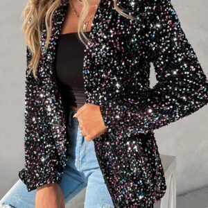 Long Sleeve Shawl Neck Sequin Blazer Coat