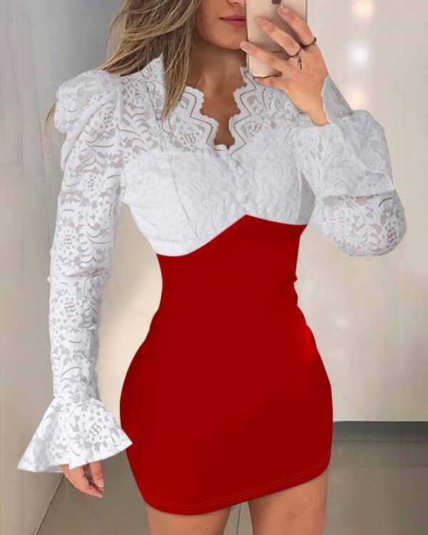Colorblock Contrast Lace Bell Sleeve Bodycon Dress