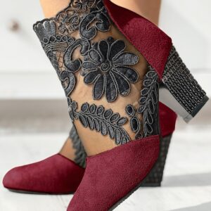 Lace Patch Floral Pattern Chunky Heel Ankle Boots