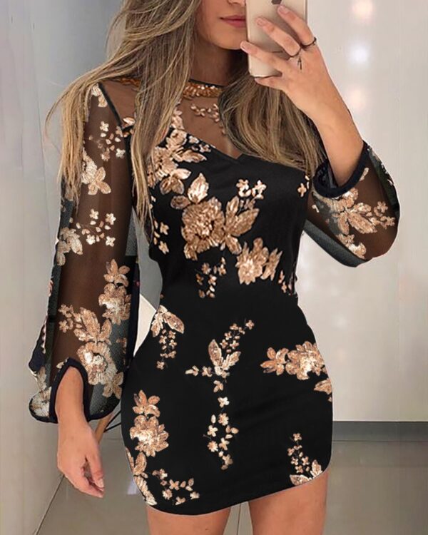 NEWFloral Pattern Contrast Sequin Sheer Mesh Party Dress