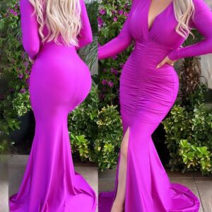 NEWPlunge Ruched Slit Evening Dress