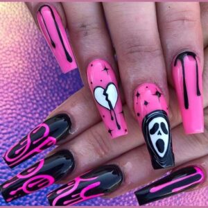 1Sheet Halloween Press on Nails Long Ghost Face Design Full Cover Fake Coffin Nails