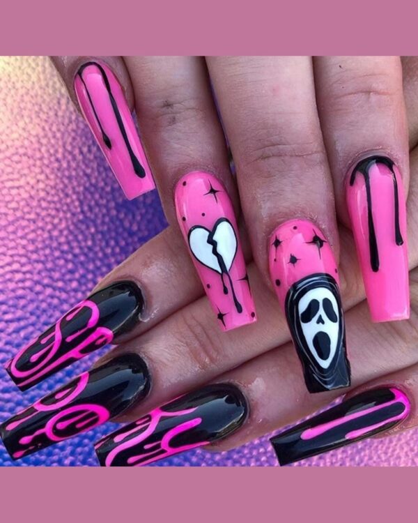 1Sheet Halloween Press on Nails Long Ghost Face Design Full Cover Fake Coffin Nails