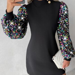 Colorblock Insert Mock Neck Lantern Sleeve Sequins Dress