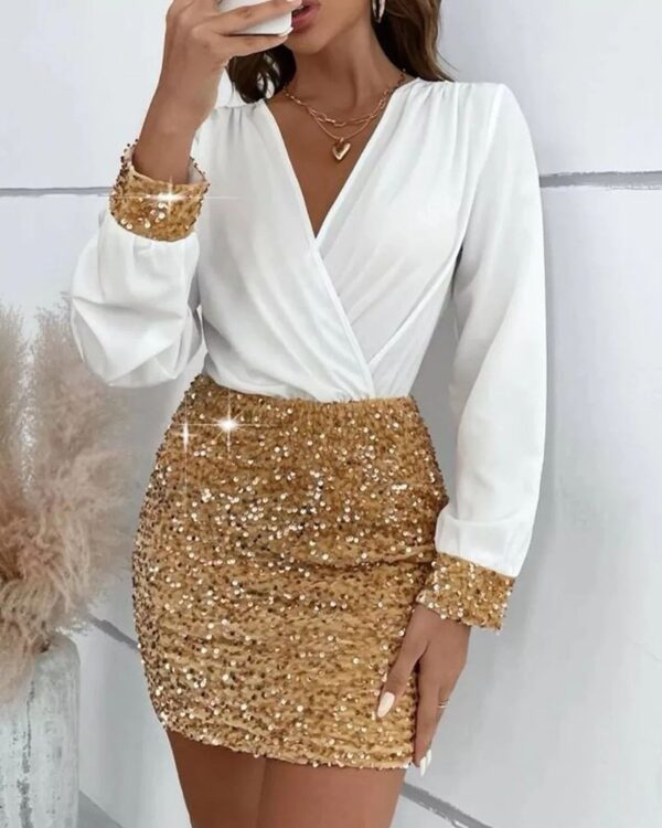 NEWContrast Sequin Long Sleeve Bodycon Dress