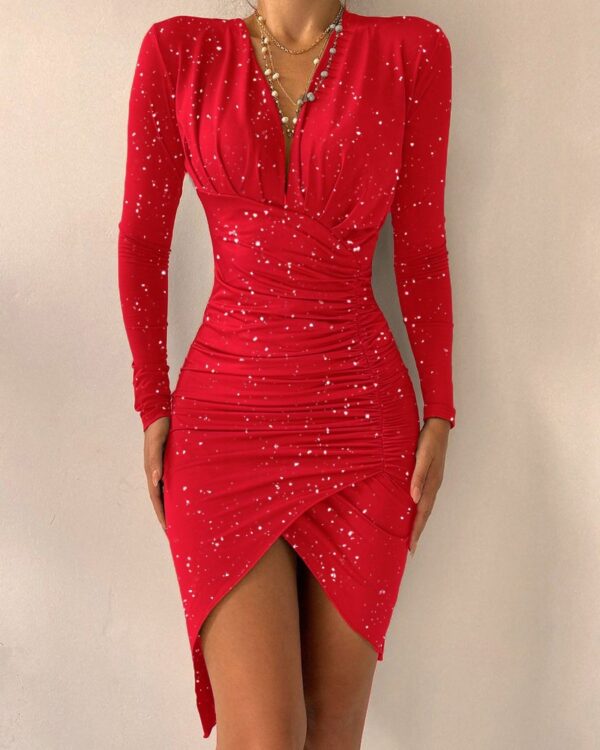 NEWLong Sleeve Ruched Glitter Party Dress