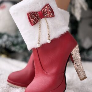 Christmas Rhinestone Bowknot Decor Fuzzy Detail Lined Boots