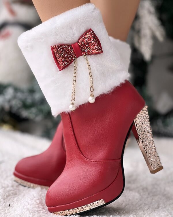Christmas Rhinestone Bowknot Decor Fuzzy Detail Lined Boots