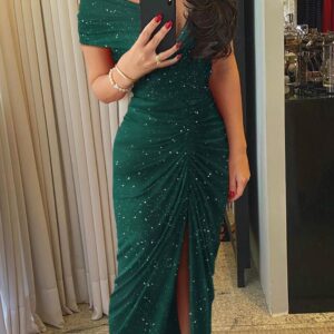 Glitter Off Shoulder Ruched Slit Dress