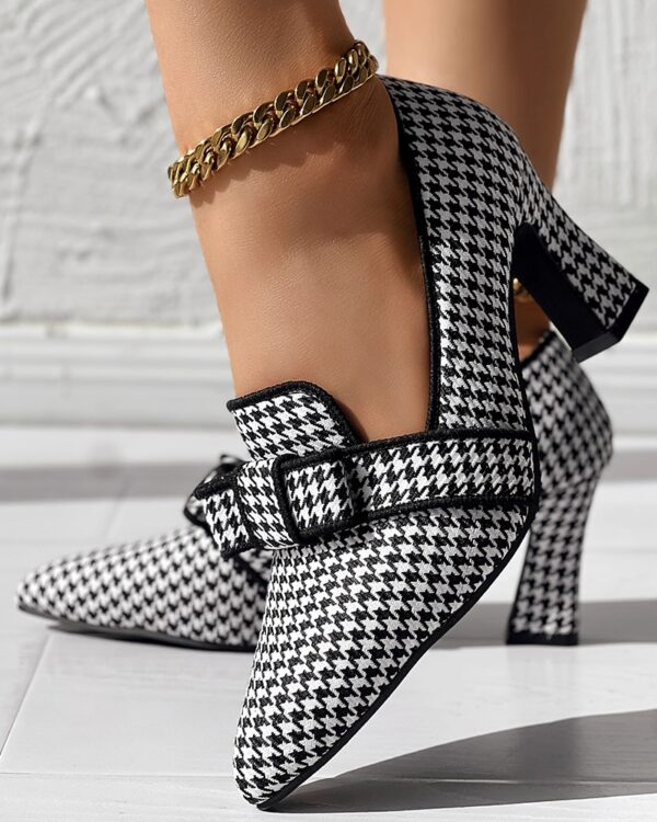Houndstooth Bowknot Decor Chunky Pumps