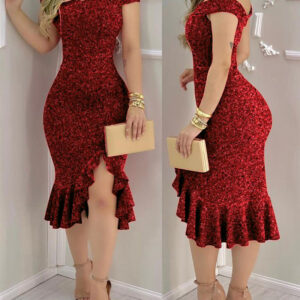 Off Shoulder Glitter Ruffle Hem Slit Evening Dress