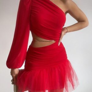 NEWMesh Patch One Shoulder Party Dress