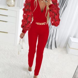 Floral Pattern Sheer Mesh Patch Chain Decor Jumpsuit