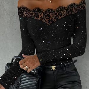 Glitter Off Shoulder Eyelash Lace Patch Top